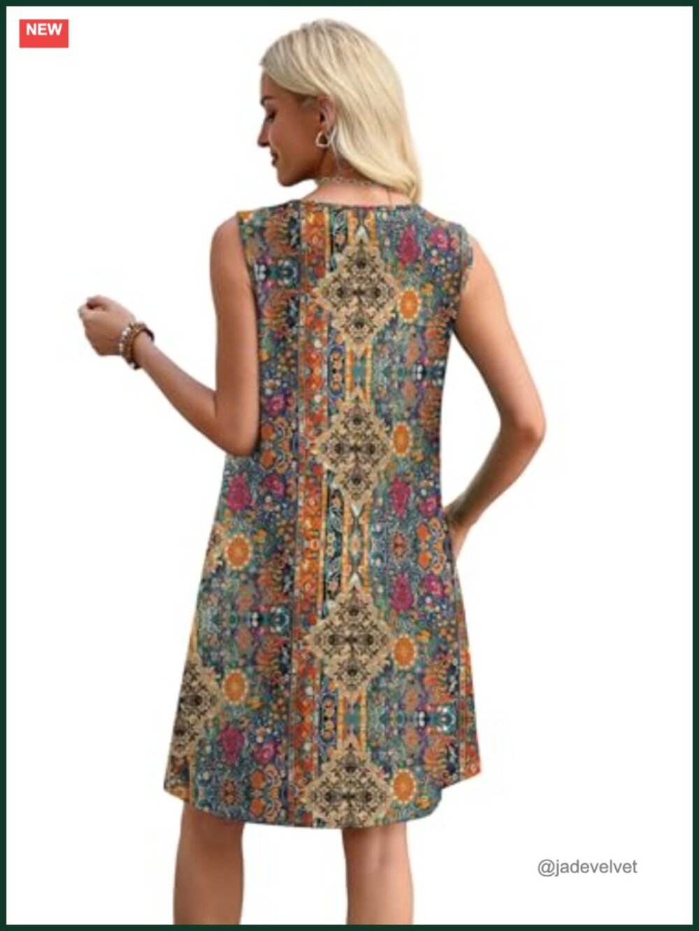 Casual V-Neck Sleeveless Boho Mini Dress with Pockets Floral Summer Travel - Picture 4 of 6